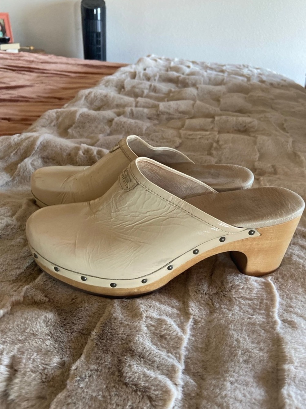 UGG Cream Leather Clogs with Wood Heel
